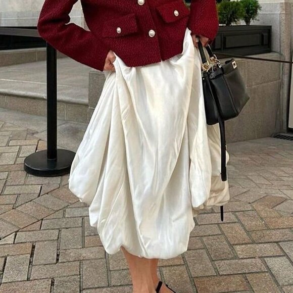 Beige Casual Women's Satin Pleated Bubble Long Skirt - Picture 8 of 13